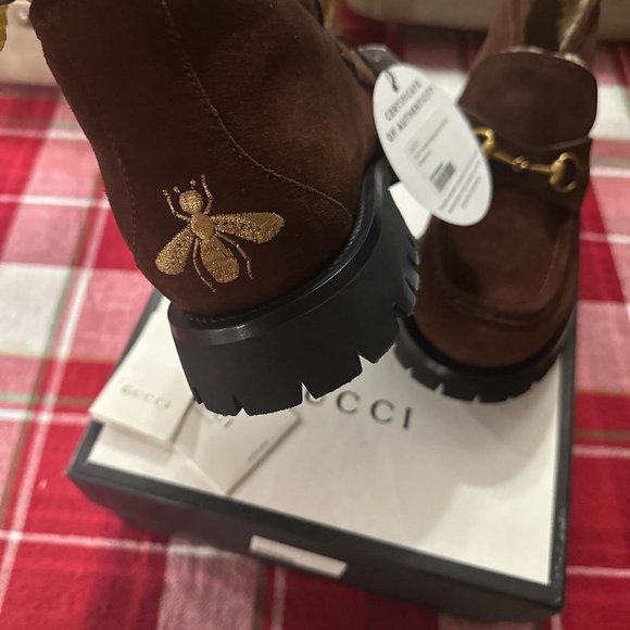 NEW GUCCI MEN'S BROWN SUEDE SHEARLING FUR HORSEBIT BOOTS/Loafer size G8/US 10 - Picture 7 of 16